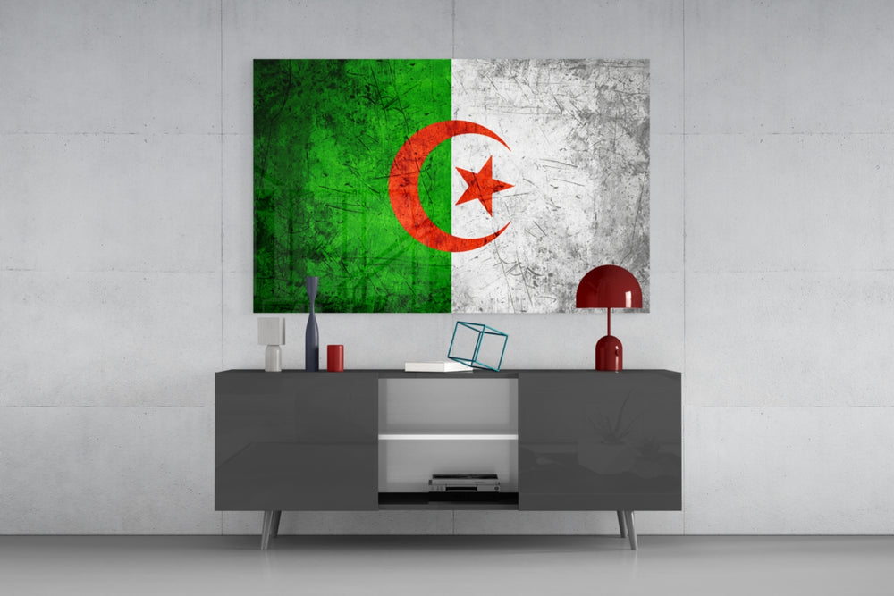 Flag of Algeria glass wall art catching light to reveal its painted grunge