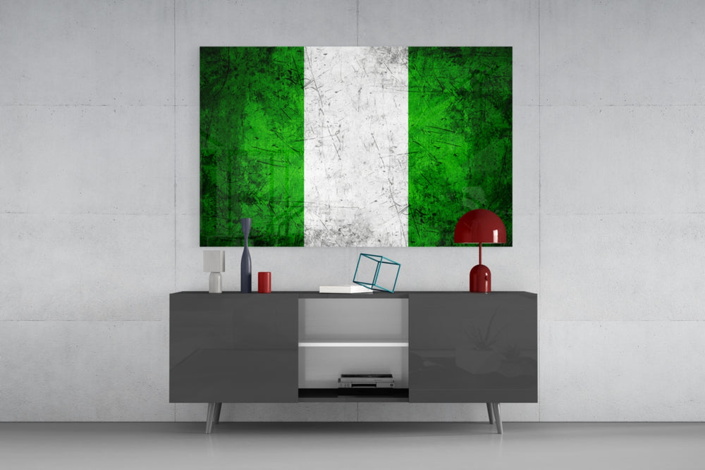 Flag of Nigeria glass wall art catching light to reveal its painted grunge