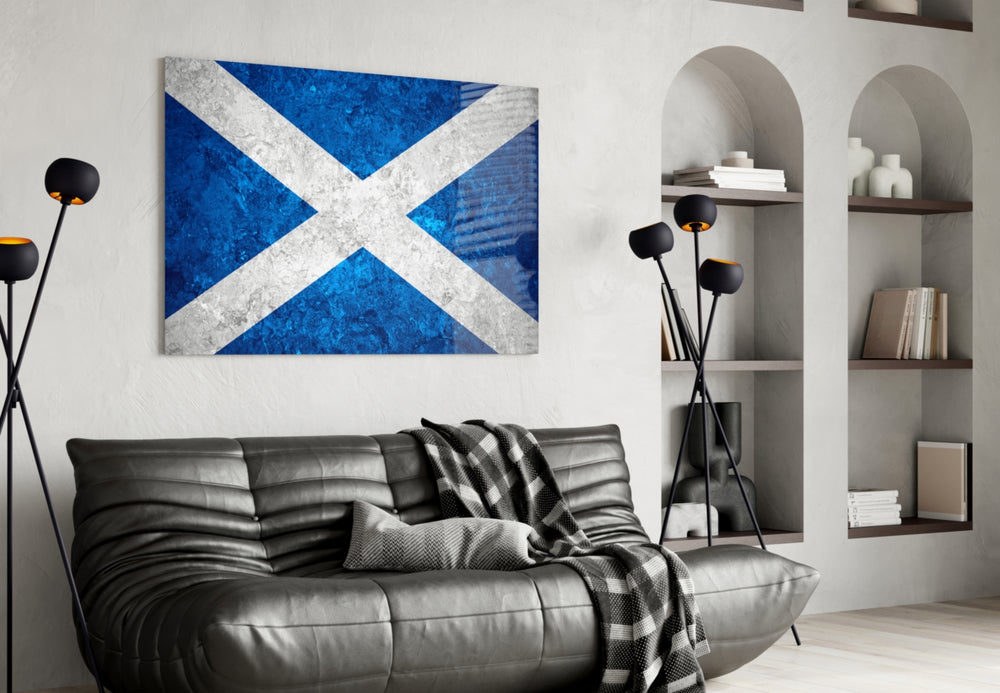 Flag of Scotland artwork styled in a study interior