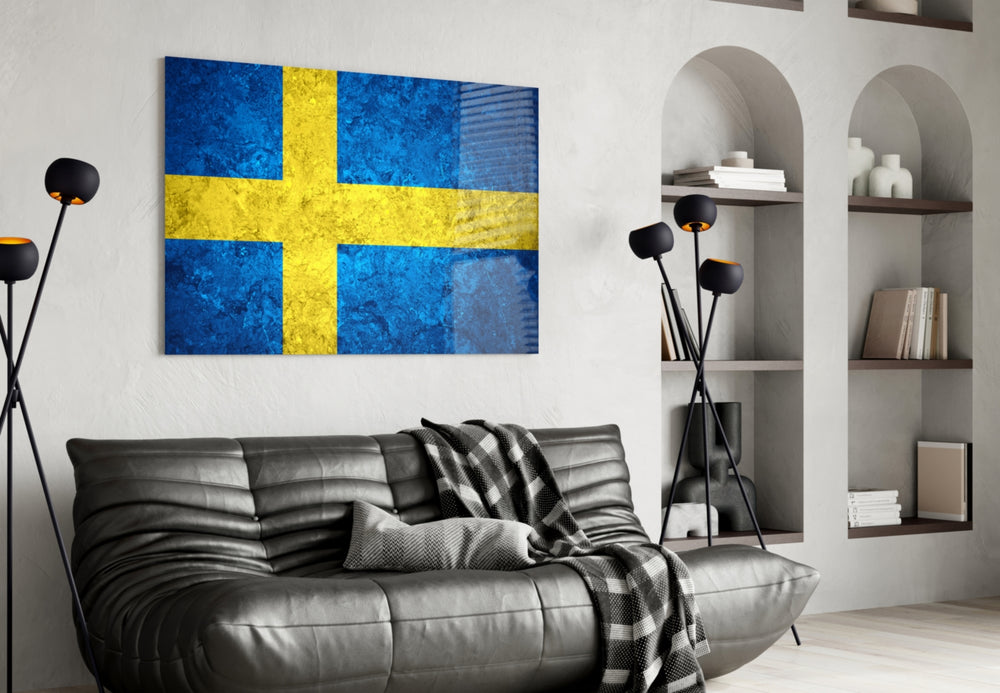 Flag of Sweden artwork styled in a study interior
