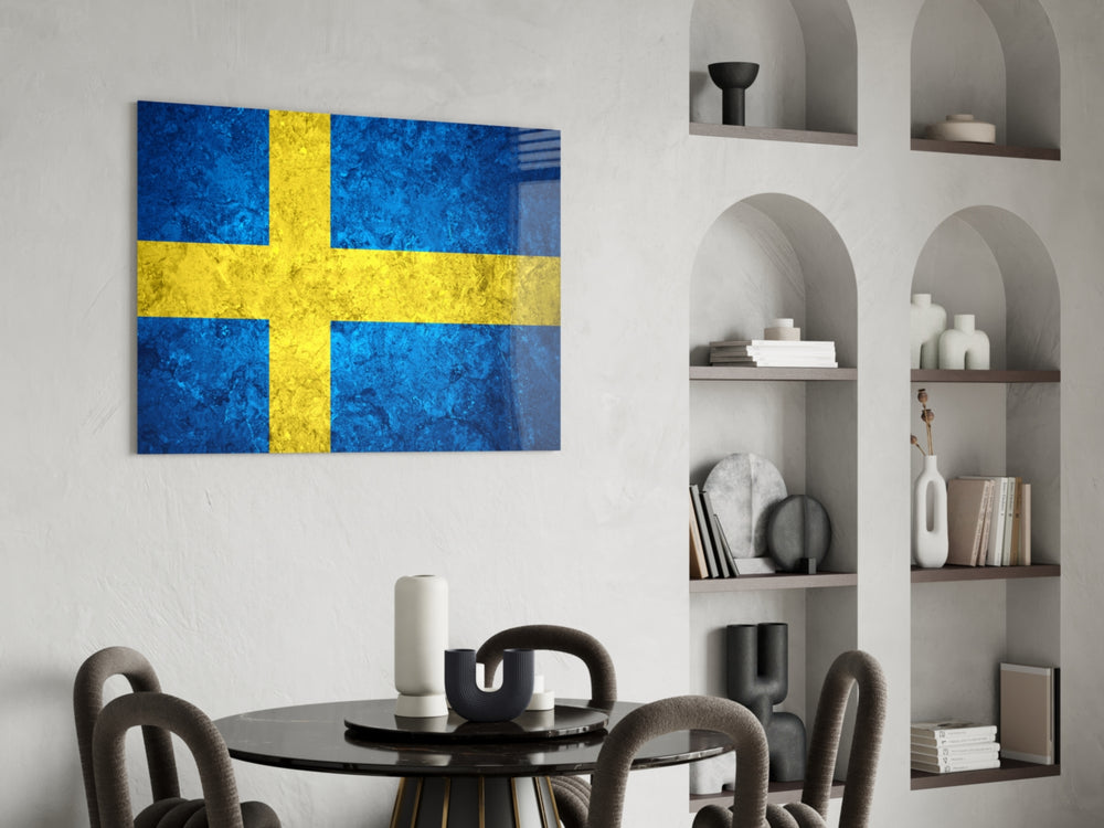 Patriotic glass print bringing Swedish edge to a hallway