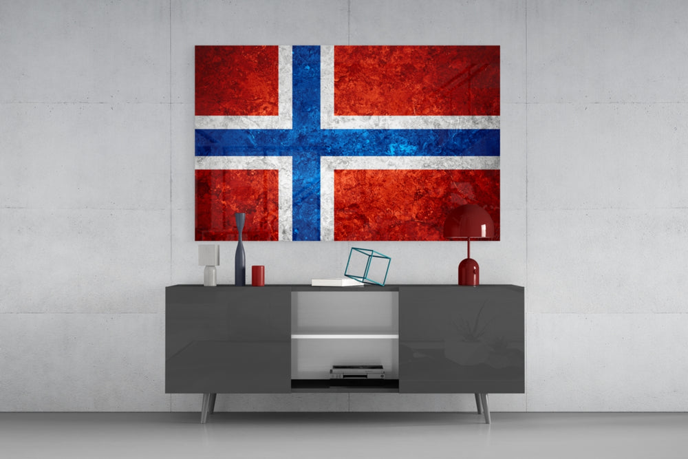 Flag of Norway glass wall art catching light to reveal its painted stone-grunge