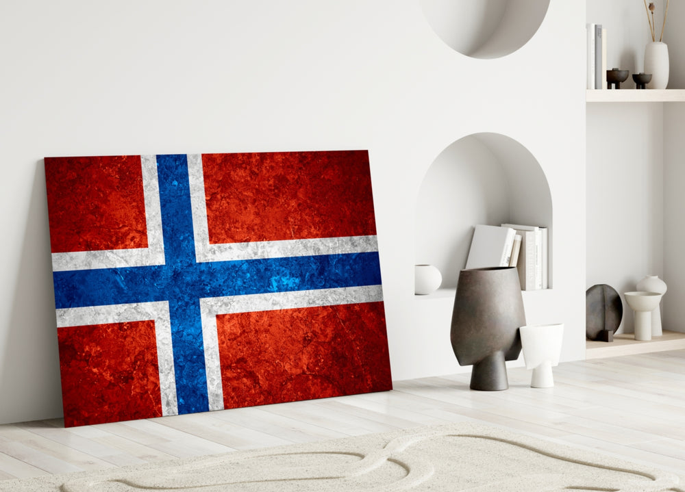 Close-up detail of rough-stone Norwegian Nordic-cross behind glass