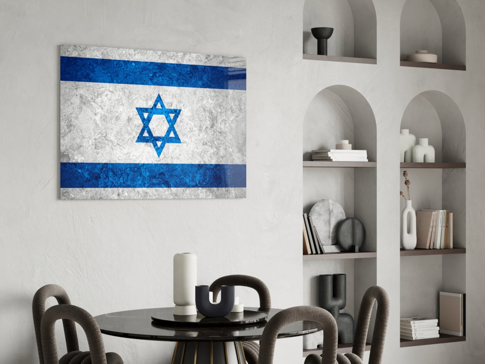 Patriotic glass print bringing Israeli edge to a hallway
