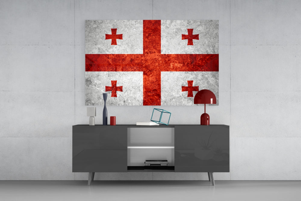 Flag of Georgia glass wall art catching light to reveal its painted stone-grunge