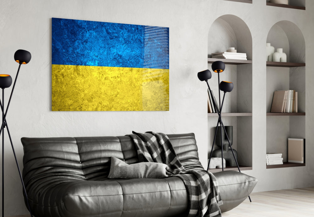 Flag of Ukraine artwork styled in a study interior