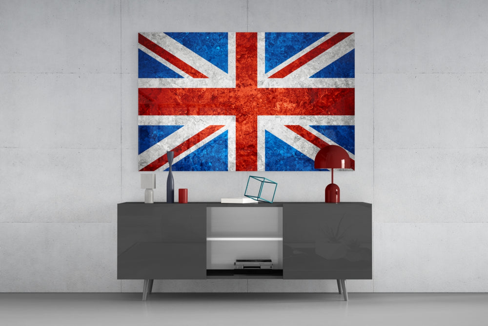 Flag of United Kingdom glass wall art catching light to reveal its painted stone-grunge