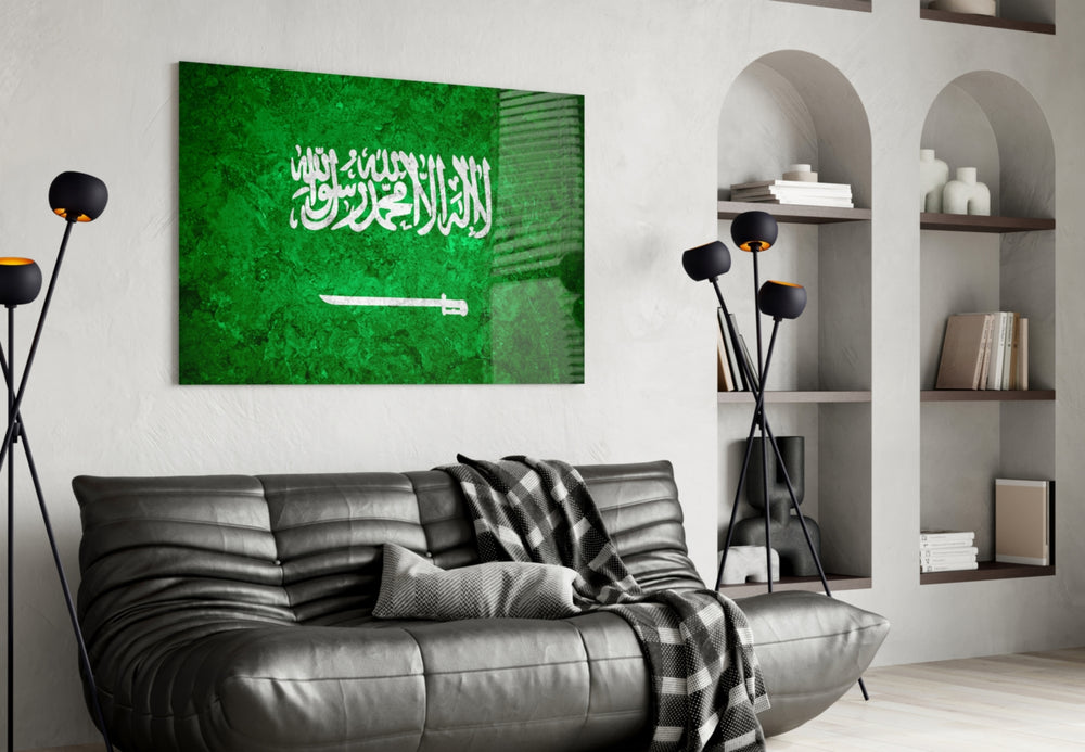 Flag of Saudi Arabia artwork styled in a study interior
