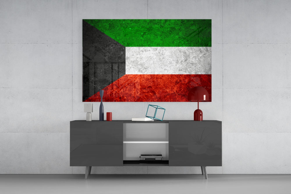 Flag of Kuwait glass wall art catching light to reveal its painted stone-grunge