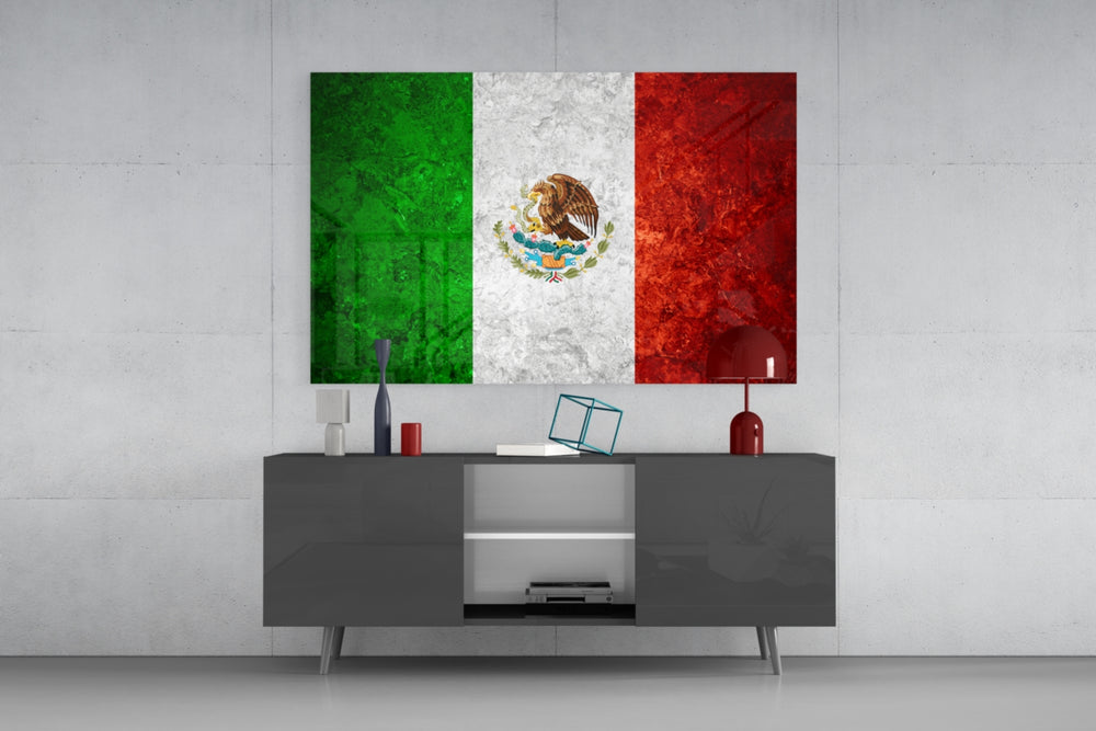 Flag of Mexico glass wall art catching light to reveal its painted stone-grunge