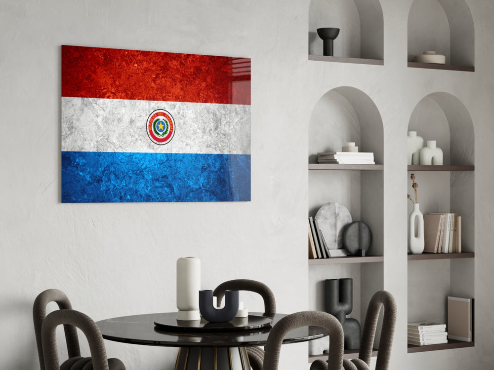 Patriotic glass print bringing Paraguayan edge to a hallway
