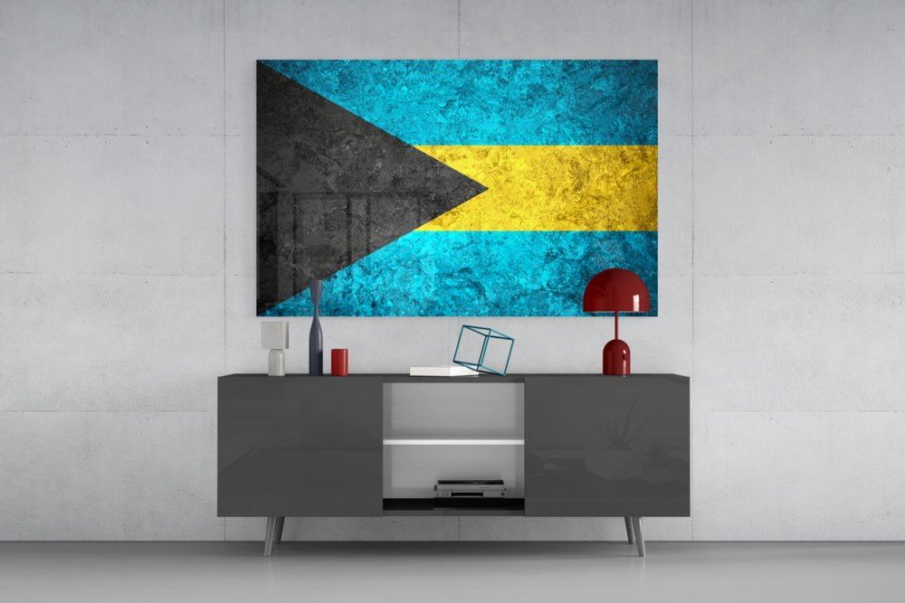 Flag of Bahamas glass wall art catching light to reveal its painted stone-grunge