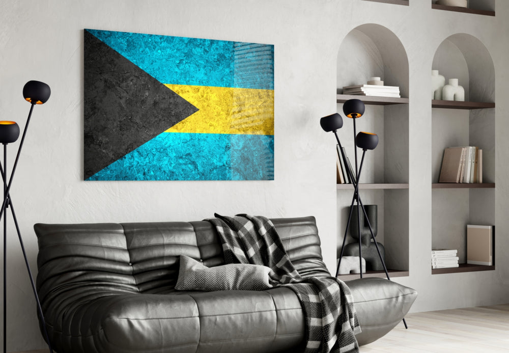 Flag of Bahamas artwork styled in a study interior