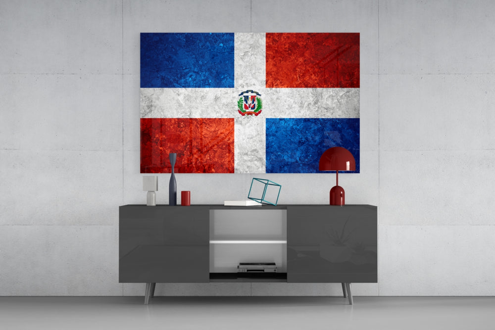 Flag of Dominican Republic glass wall art catching light to reveal its painted stone-grunge