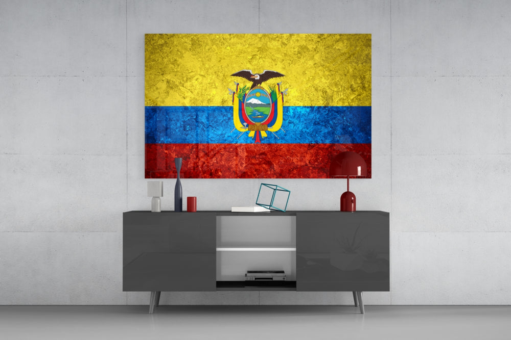 Flag of Ecuador glass wall art catching light to reveal its painted stone-grunge
