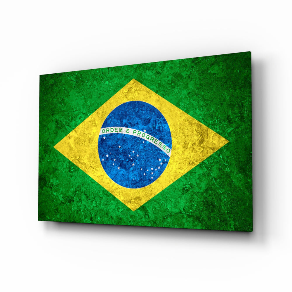 Flag of Brasil glass wall art in a modern home office