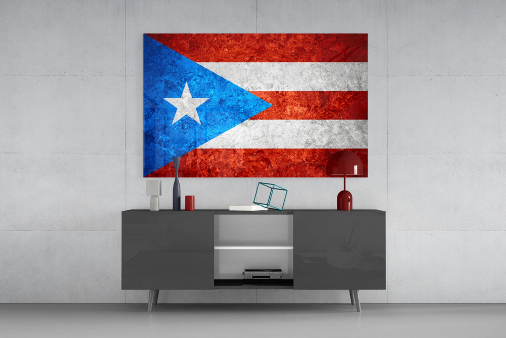Flag of Puerto Rico glass wall art catching light to reveal its painted stone-grunge