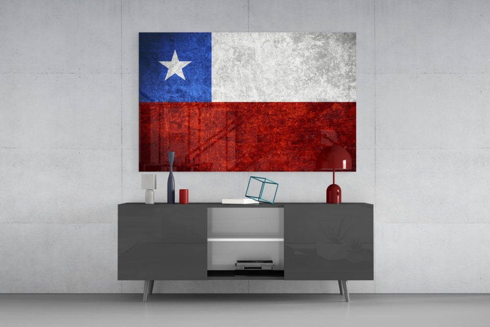 Flag of Chile glass wall art catching light to reveal its painted scratched-metal grunge