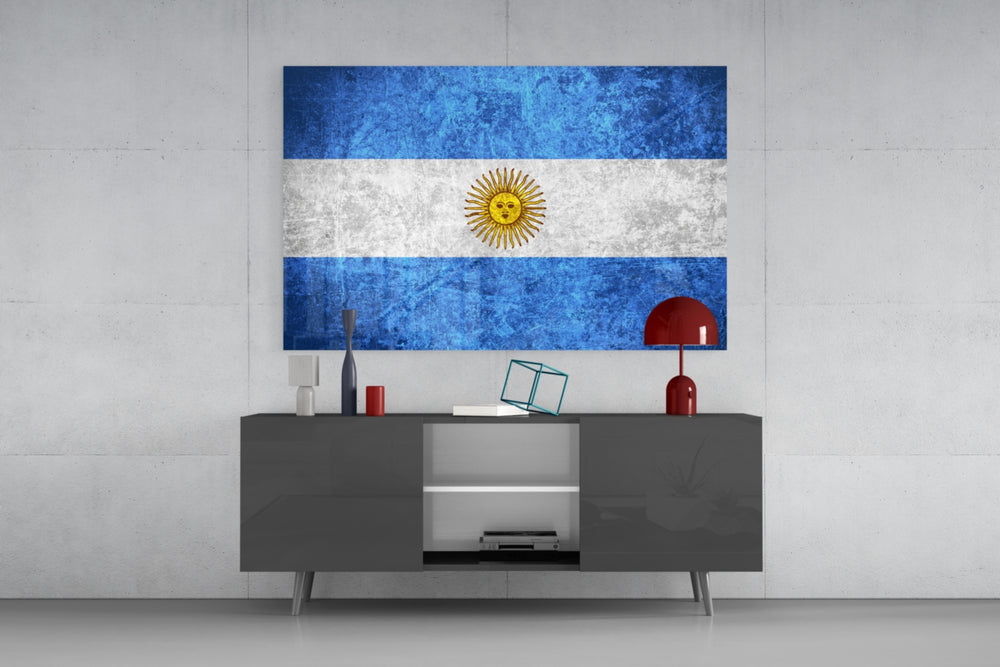 Flag of Argentina glass wall art catching light to reveal its painted scratched-metal grunge