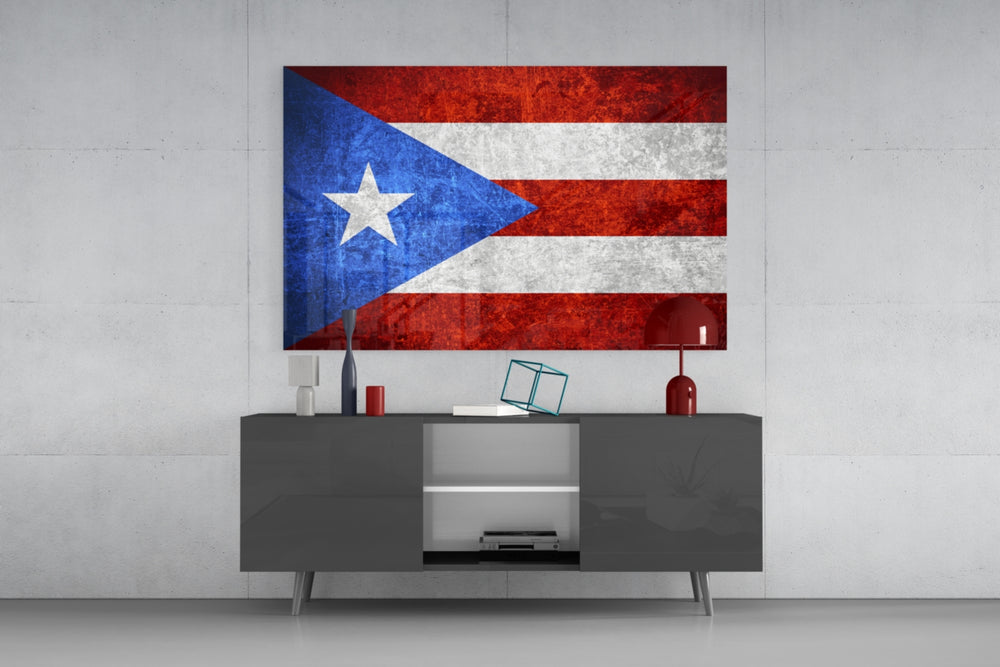 Flag of Puerto Rico glass wall art catching light to reveal its painted scratched-metal grunge