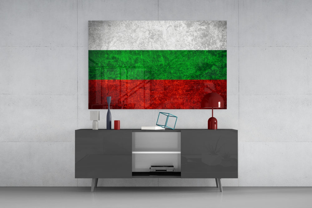 Flag of Bulgaria glass wall art catching light to reveal its painted scratched-metal grunge