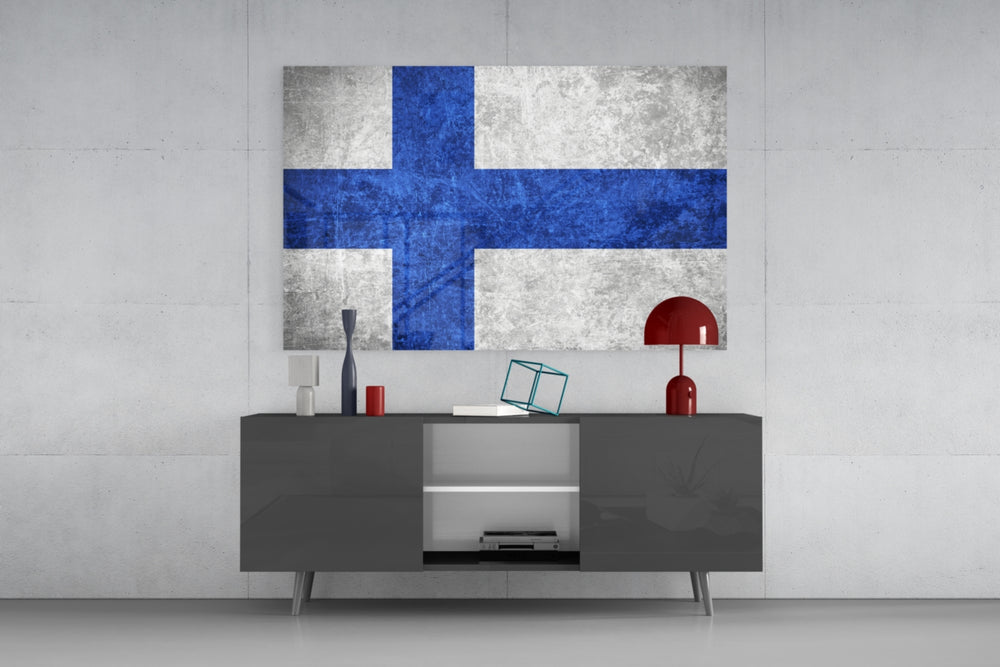 Flag of Finland glass wall art catching light to reveal its painted scratched-metal grunge