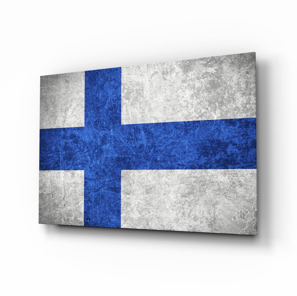 Flag of Finland glass wall art in a modern home office