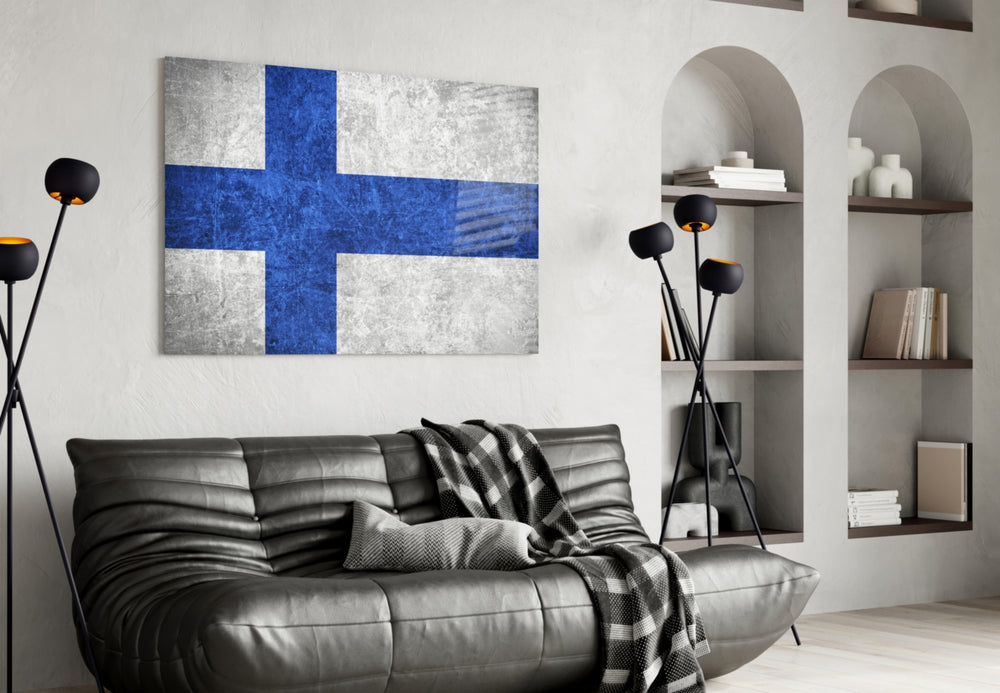 Flag of Finland artwork styled in a study interior