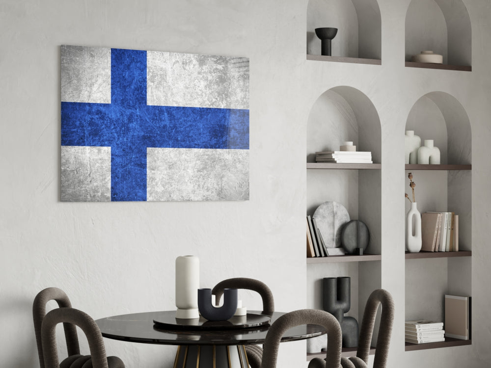Patriotic glass print bringing Finnish edge to a hallway