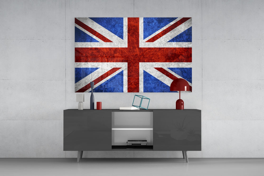 Flag of United Kingdom glass wall art catching light to reveal its painted scratched-metal grunge