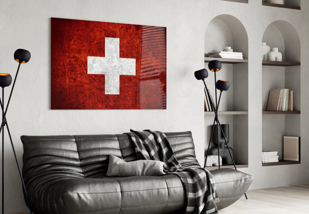 Flag of Switzerland artwork styled in a study interior