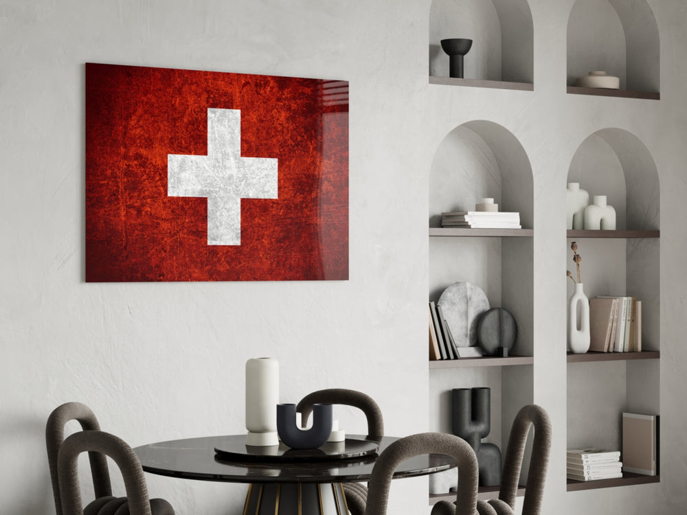 Patriotic glass print bringing Swiss edge to a hallway