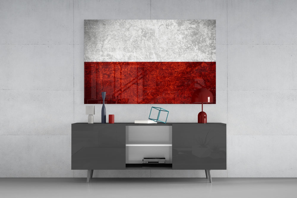 Flag of Poland glass wall art catching light to reveal its painted scratched-metal grunge