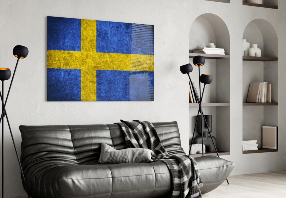 Flag of Sweden artwork styled in a study interior