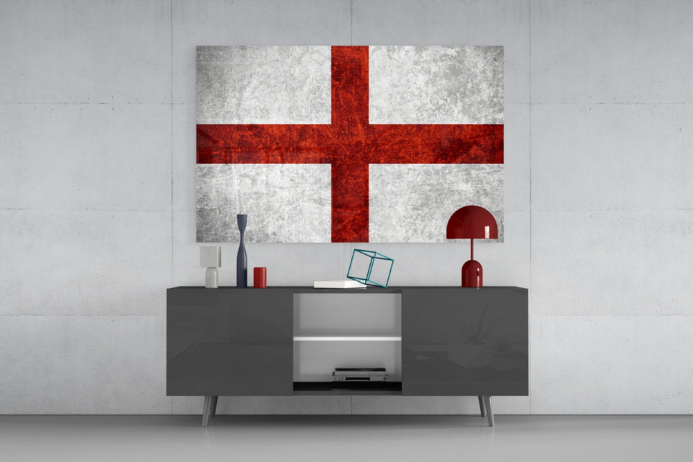 Flag of England glass wall art catching light to reveal its painted scratched-metal grunge