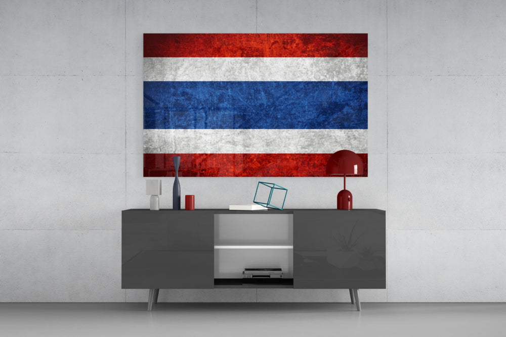 Flag of Thailand glass wall art catching light to reveal its painted scratched-metal grunge