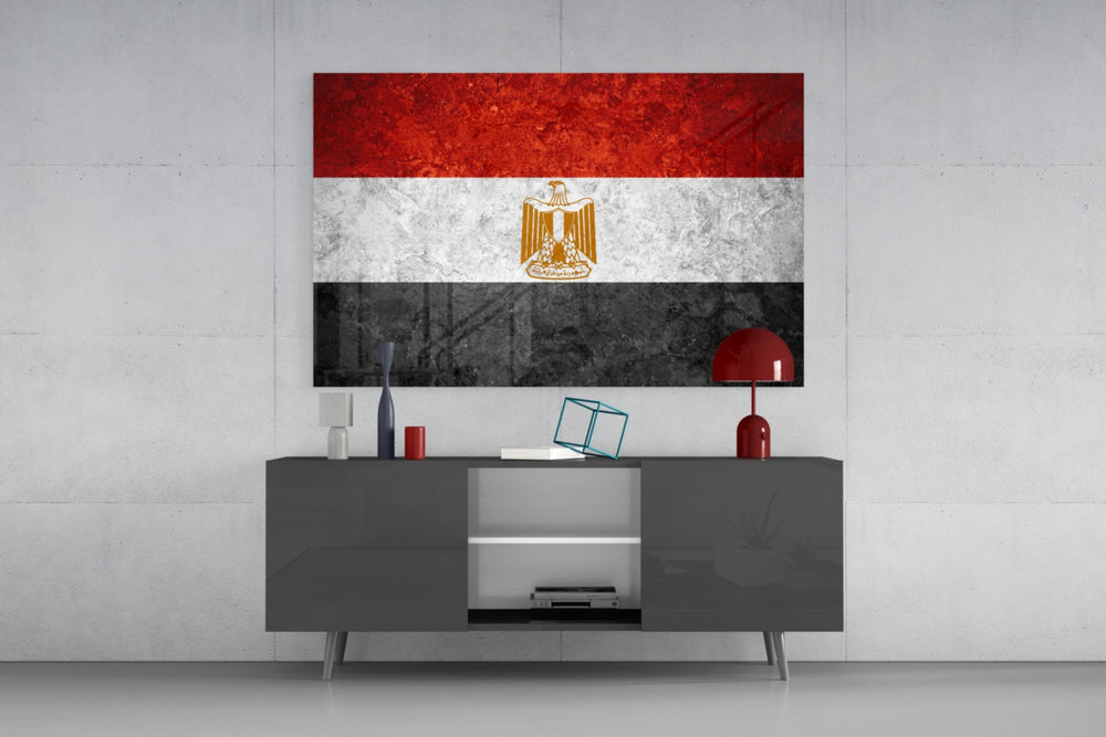 Flag of Egypt glass wall art catching light to reveal its painted stone-grunge