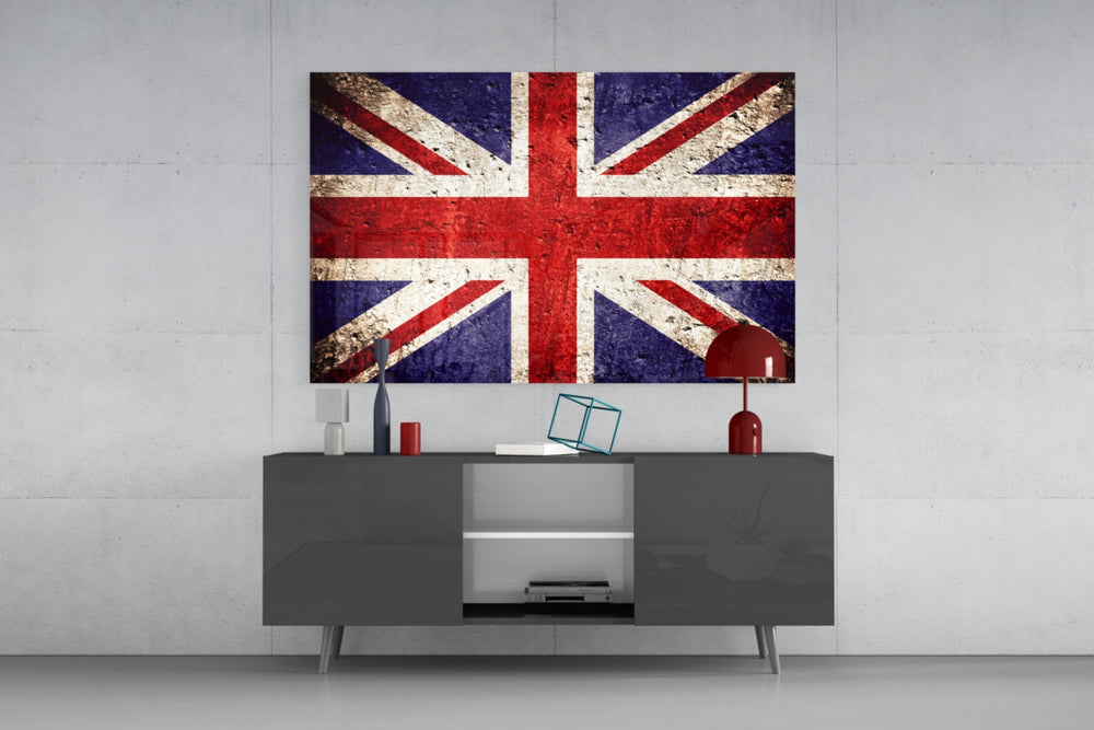 Flag of United Kingdom glass wall art catching light to reveal its painted concrete-grunge