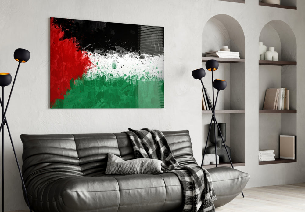 Flag of Palestine artwork styled in a study interior