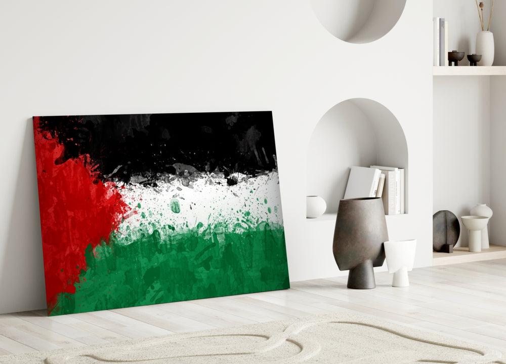 Close-up detail of splatter Palestinian bands behind glass