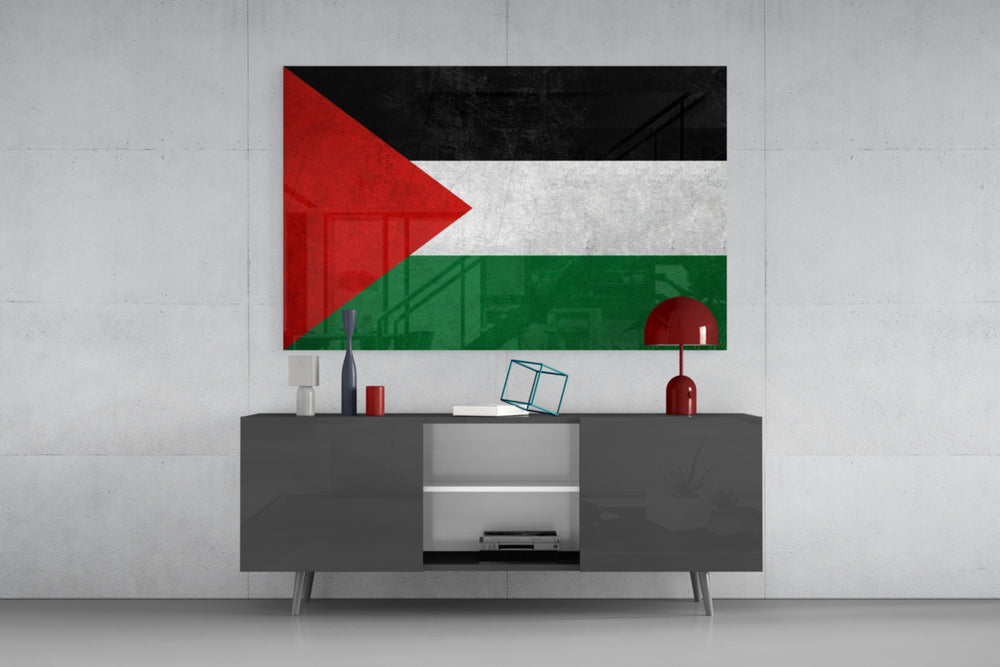 Flag of Palestine glass wall art catching light to reveal its painted edge
