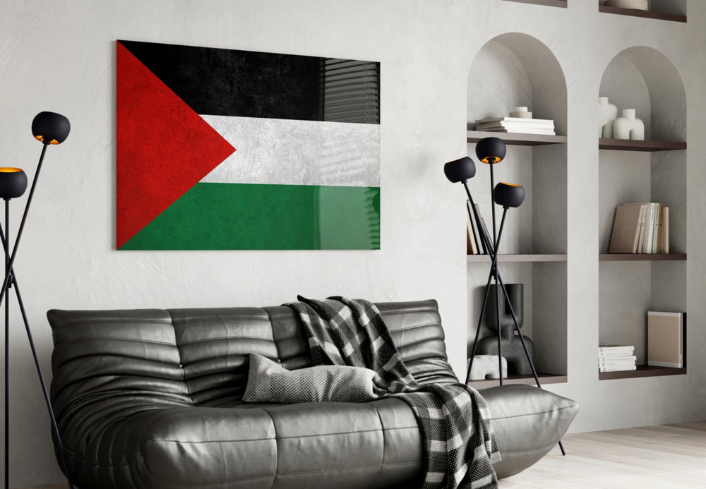 Flag of Palestine artwork styled in a study interior