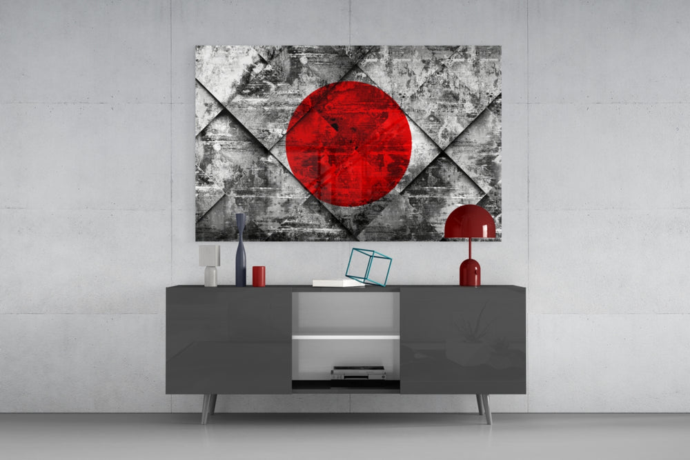 Flag of Japan glass wall art catching light to reveal its painted concrete grunge