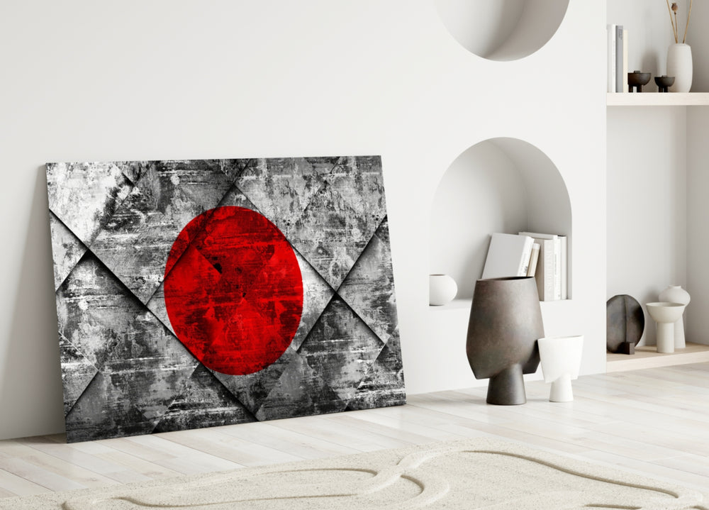 Close-up detail of monochrome diamond-tile Hinomaru behind glass