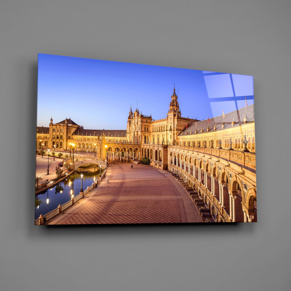 Twilight travel panel anchoring a hotel-styled lounge wall