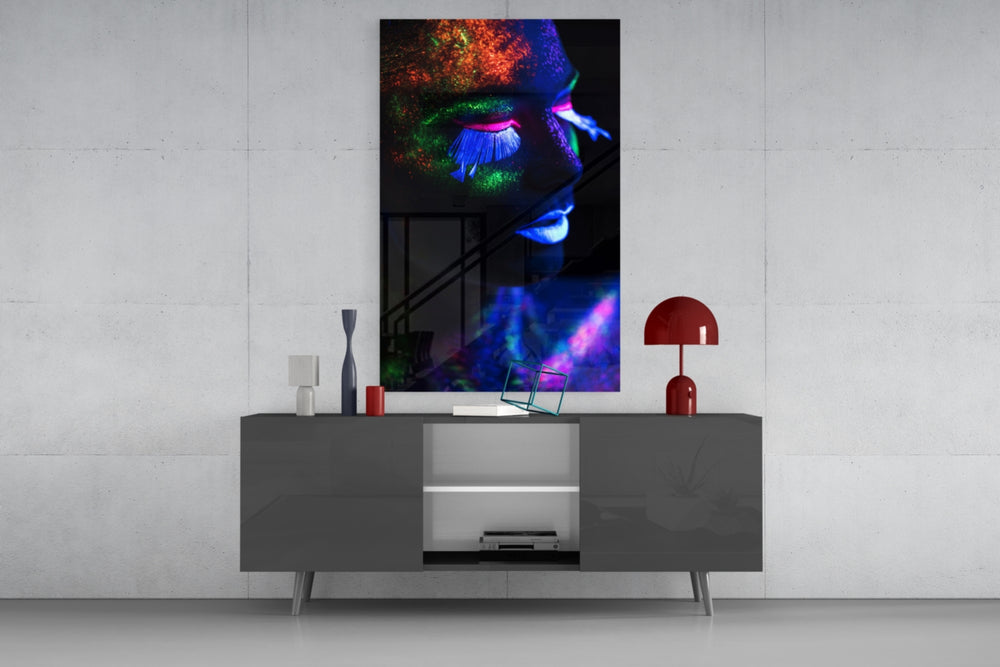 Neon Make Up glass wall art catching light to reveal its painted neon pigments