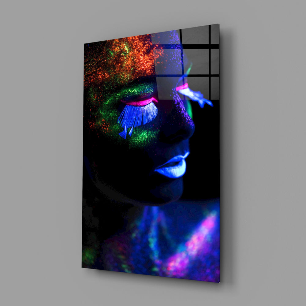 Blacklight beauty panel anchoring a salon wall