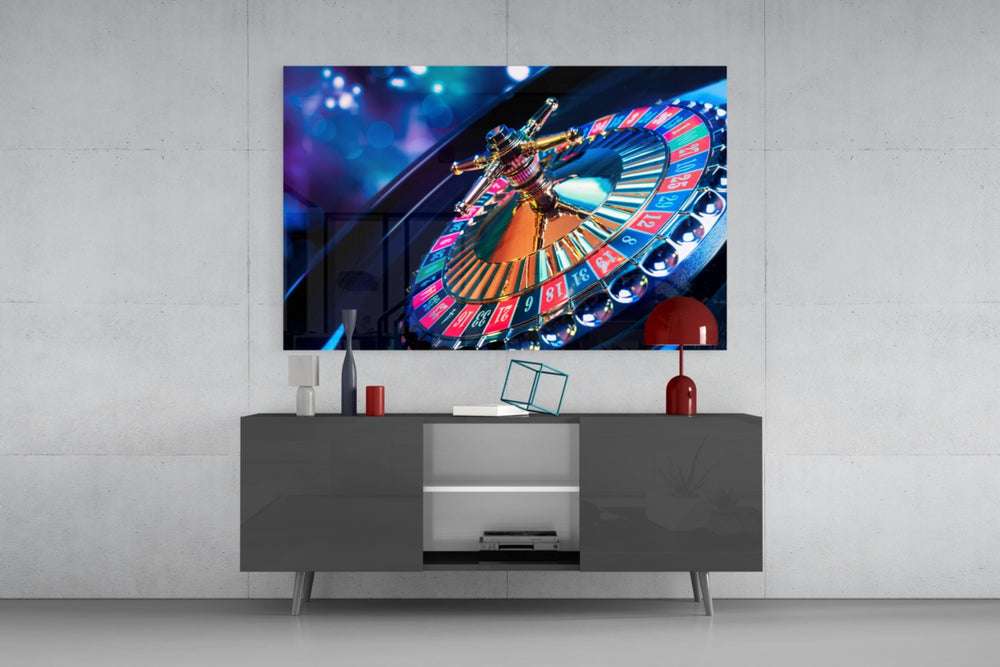 Roulette glass wall art catching light to reveal its painted bokeh