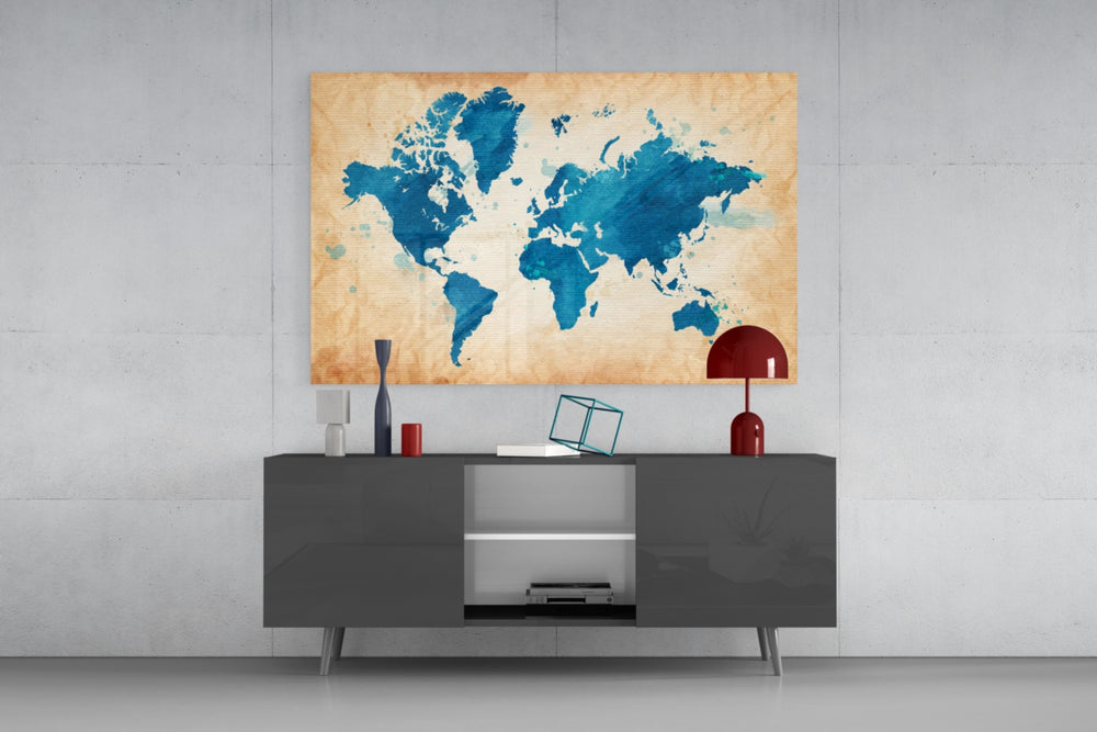 World Map glass wall art catching light to reveal its painted parchment tones