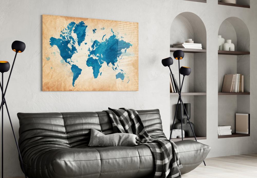 World Map artwork styled in a library interior